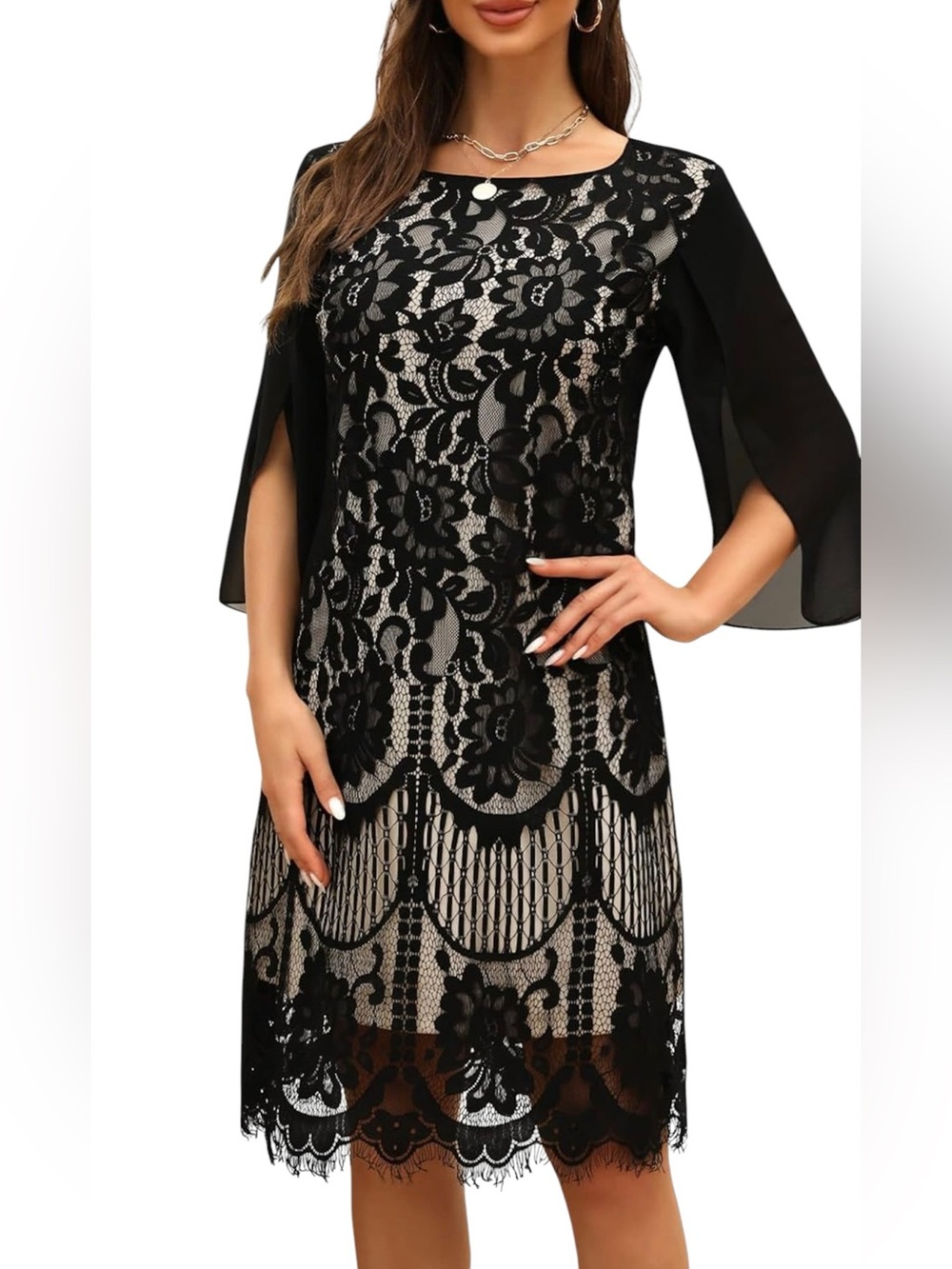 Cooan Lace Cocktail Dress Black and Cream Sheer Long Sleeve Womens XL NEW